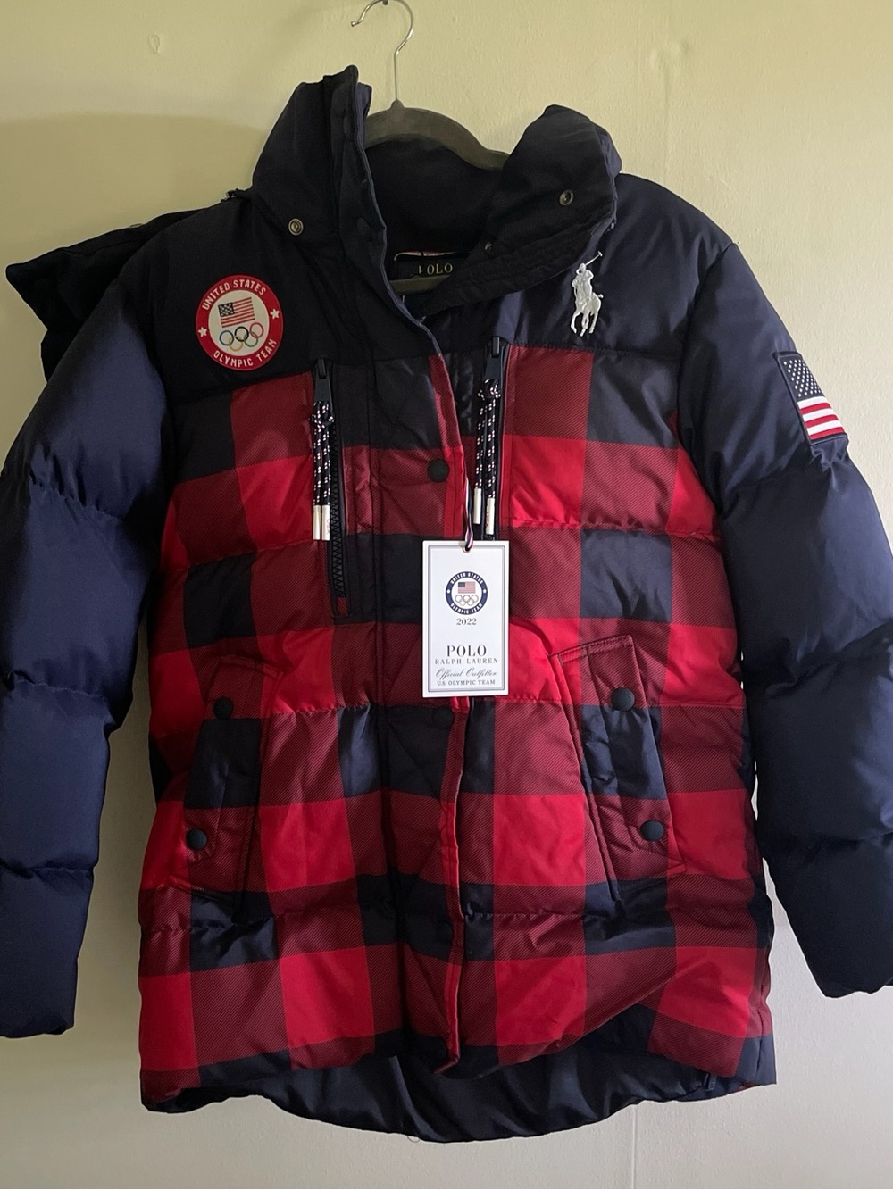 Polo by Ralph Lauren Unisex 2022 Olympics Red & Navy Buffalo Check Puffer Jacket